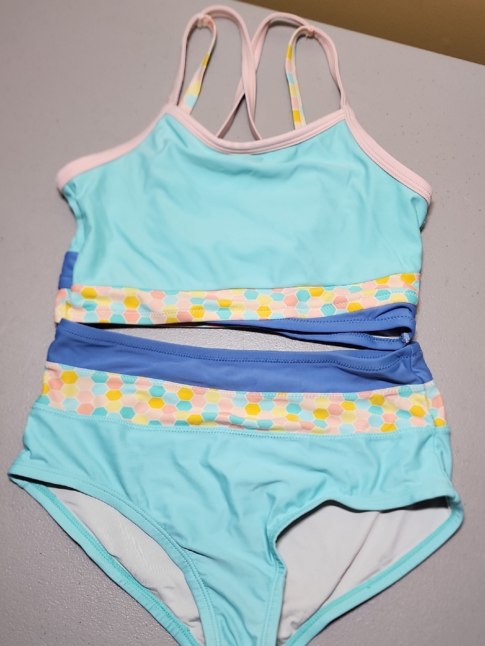 Matilda Jane Light Aqua Two-Piece Swim Set with Pastel Hex Trim